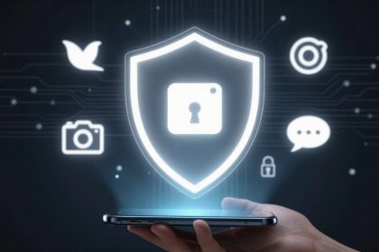 A hand holds a smartphone with a glowing shield icon above it, featuring a keyhole symbol. Surrounding icons include a camera, chat bubble, and bird, all against a dark background with circuit-like lines.