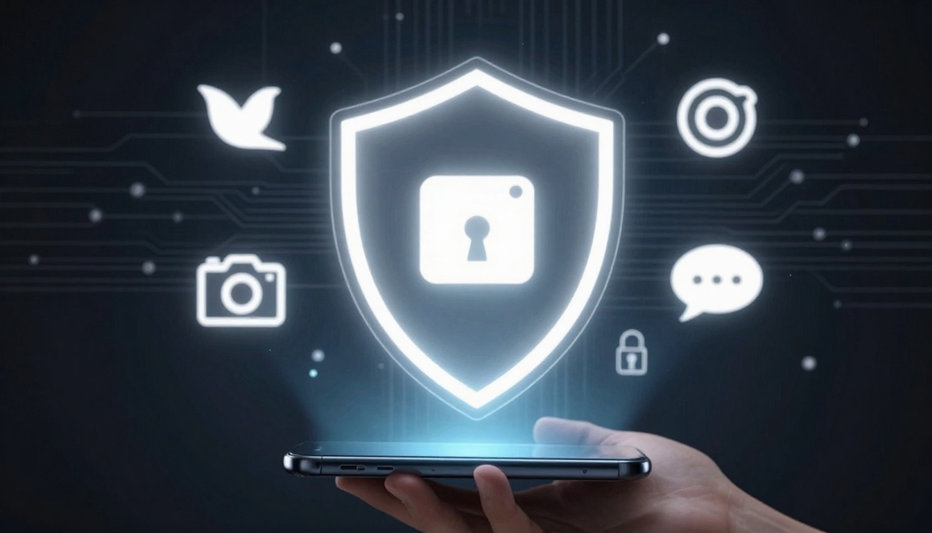 A hand holds a smartphone with a glowing shield icon above it, featuring a keyhole symbol. Surrounding icons include a camera, chat bubble, and bird, all against a dark background with circuit-like lines.