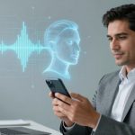 A man in a gray suit sits at a desk holding a smartphone. A laptop is open in front of him. A digital hologram of a face and sound wave is projected from the phone.