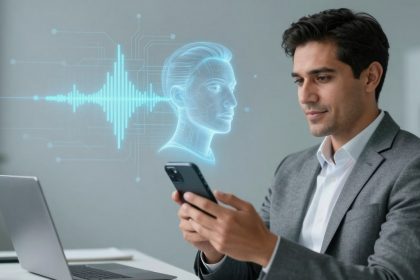 A man in a gray suit sits at a desk holding a smartphone. A laptop is open in front of him. A digital hologram of a face and sound wave is projected from the phone.