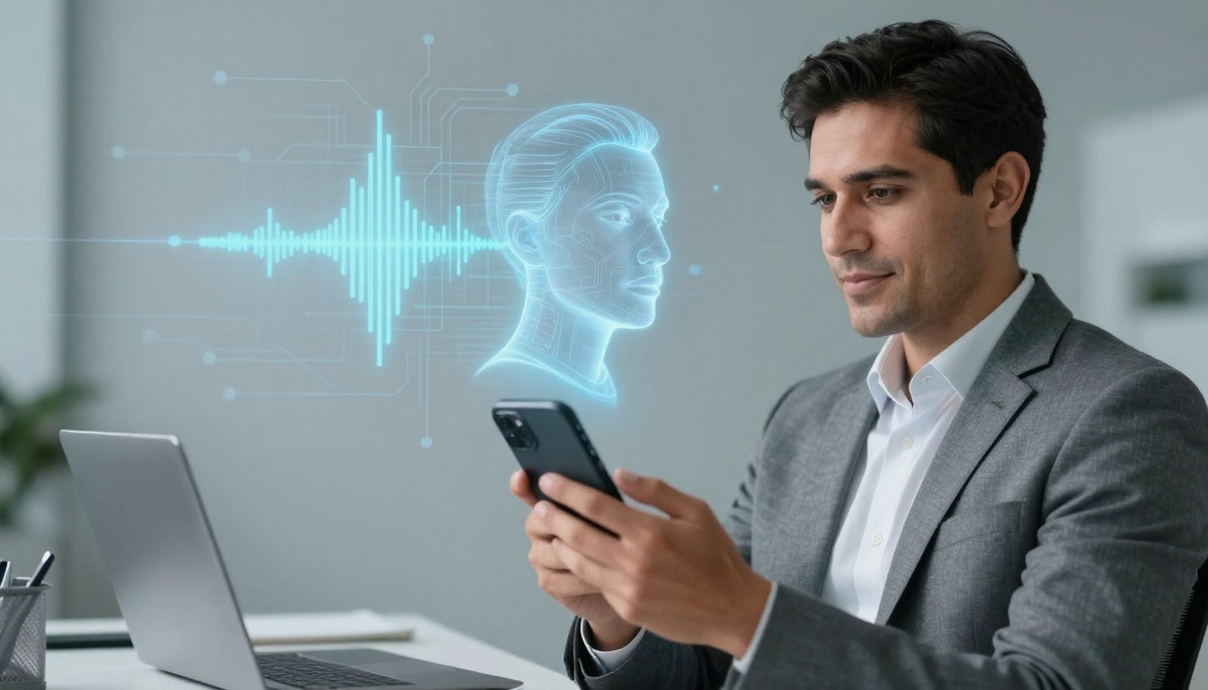 A man in a gray suit sits at a desk holding a smartphone. A laptop is open in front of him. A digital hologram of a face and sound wave is projected from the phone.