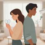 A man and woman stand back-to-back in a living room. The woman holds a broken heart symbol, while the man has floating credit cards and a key near him, symbolizing conflict or separation. The room features neutral tones with a sofa and lamp.