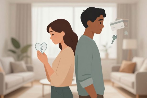 A man and woman stand back-to-back in a living room. The woman holds a broken heart symbol, while the man has floating credit cards and a key near him, symbolizing conflict or separation. The room features neutral tones with a sofa and lamp.
