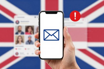 A hand holds a smartphone displaying a blue envelope icon on a white screen. A red exclamation mark alert is nearby. The background features a blurred social media profile grid and the Union Jack flag.