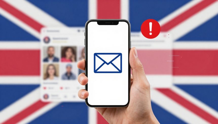 A hand holds a smartphone displaying a blue envelope icon on a white screen. A red exclamation mark alert is nearby. The background features a blurred social media profile grid and the Union Jack flag.