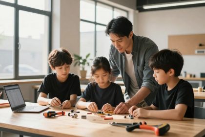 A man and three children are gathered around a table assembling small parts. The table has tools, a laptop, and pencils. The setting is a bright room with large windows and plants.