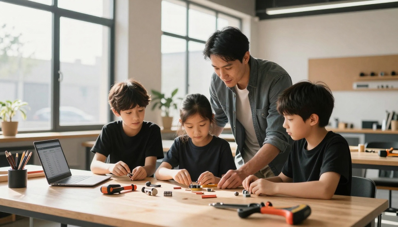 A man and three children are gathered around a table assembling small parts. The table has tools, a laptop, and pencils. The setting is a bright room with large windows and plants.