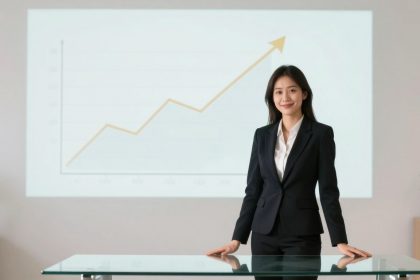 A woman in a dark suit stands confidently behind a glass table with her hand on it. A line graph with an upward trend is projected on the wall behind her. Two potted plants are visible in the background.