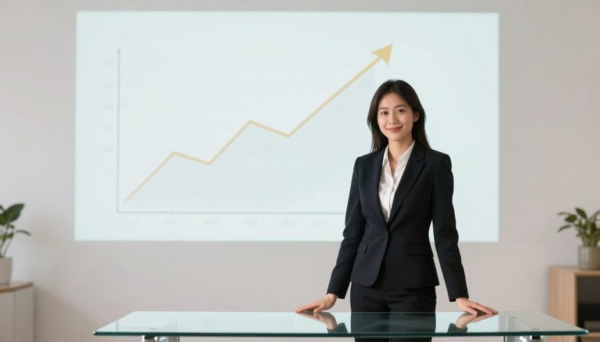 A woman in a dark suit stands confidently behind a glass table with her hand on it. A line graph with an upward trend is projected on the wall behind her. Two potted plants are visible in the background.