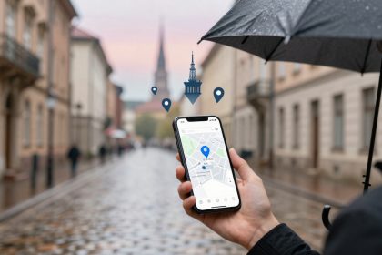 A person holding a smartphone with a map app open, showing a location pin. They are under a black umbrella on a wet cobblestone street with blurred buildings in the background.