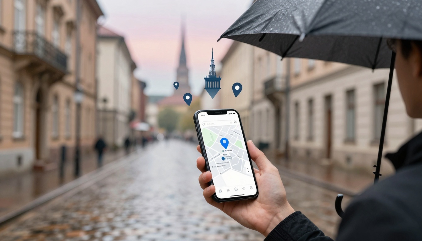 A person holding a smartphone with a map app open, showing a location pin. They are under a black umbrella on a wet cobblestone street with blurred buildings in the background.