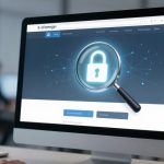 A person is looking at a computer screen displaying a website with a large magnifying glass over a padlock icon, symbolizing security.