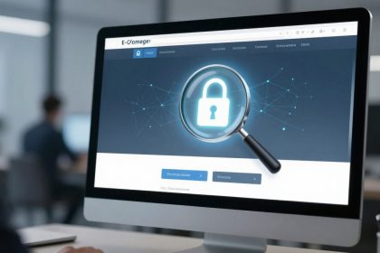 A person is looking at a computer screen displaying a website with a large magnifying glass over a padlock icon, symbolizing security.