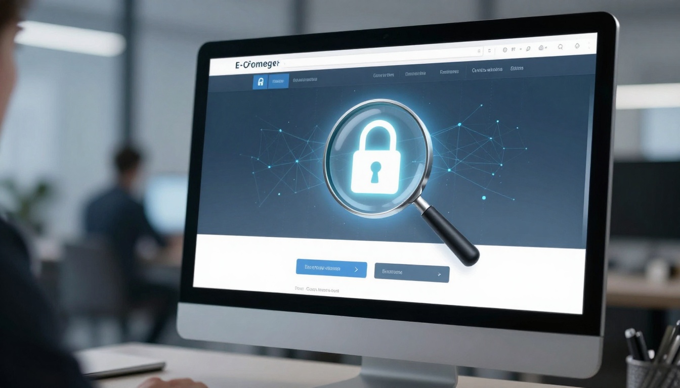 A person is looking at a computer screen displaying a website with a large magnifying glass over a padlock icon, symbolizing security.