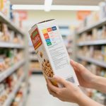 Person holding a cereal box in a grocery store aisle, surrounded by shelves filled with various packaged snacks.