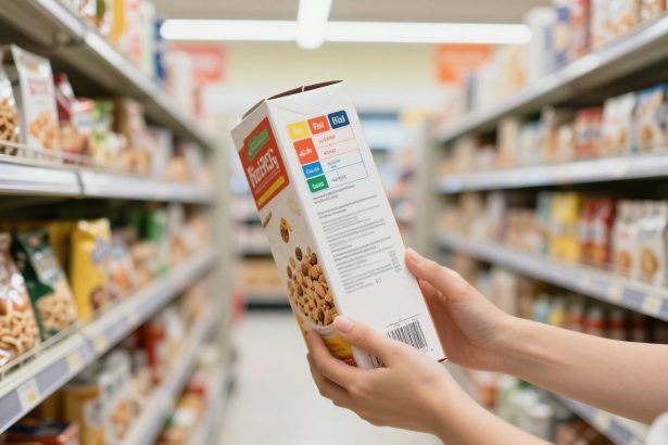 Person holding a cereal box in a grocery store aisle, surrounded by shelves filled with various packaged snacks.