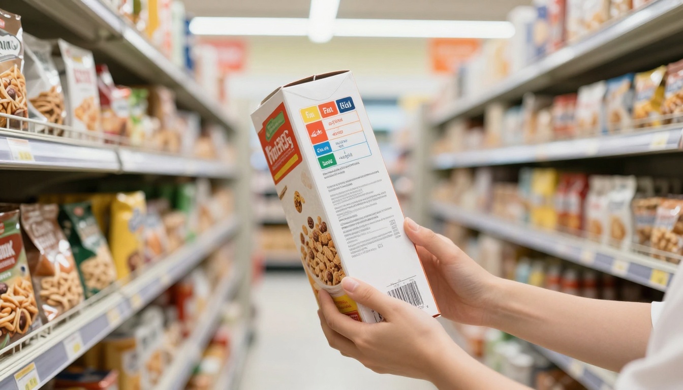 Person holding a cereal box in a grocery store aisle, surrounded by shelves filled with various packaged snacks.