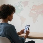 A person with curly hair sits at a table, looking at a smartphone displaying a globe. A colorful world map is on the wall behind them.