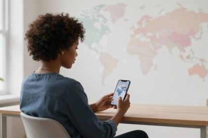 A person with curly hair sits at a table, looking at a smartphone displaying a globe. A colorful world map is on the wall behind them.