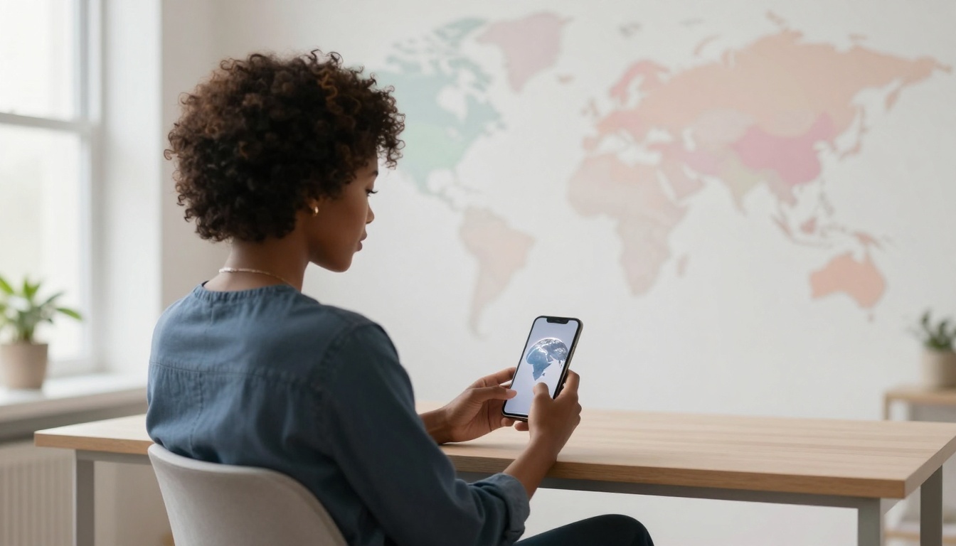 A person with curly hair sits at a table, looking at a smartphone displaying a globe. A colorful world map is on the wall behind them.