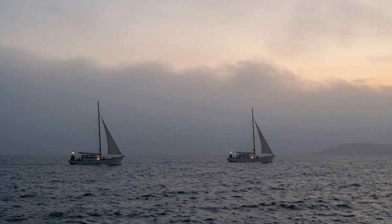 Two sailboats with lit lanterns on a calm sea at dusk, under a cloudy sky with a subtle glow from the setting sun.