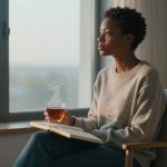 A person with short curly hair sits in a chair by a window, holding a steaming cup of tea and an open book, wearing a beige sweater and jeans.