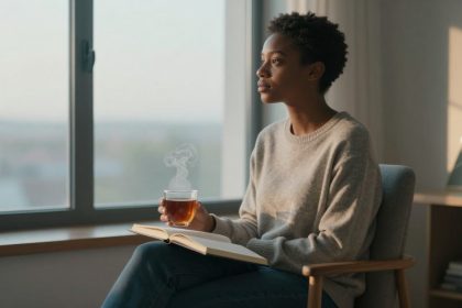 A person with short curly hair sits in a chair by a window, holding a steaming cup of tea and an open book, wearing a beige sweater and jeans.