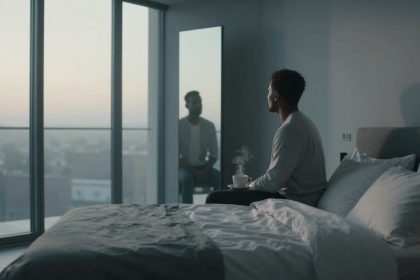 A person sits on a bed in a softly lit room, holding a steaming cup. A large window reveals a cityscape at dawn. A mirror reflects the scene.
