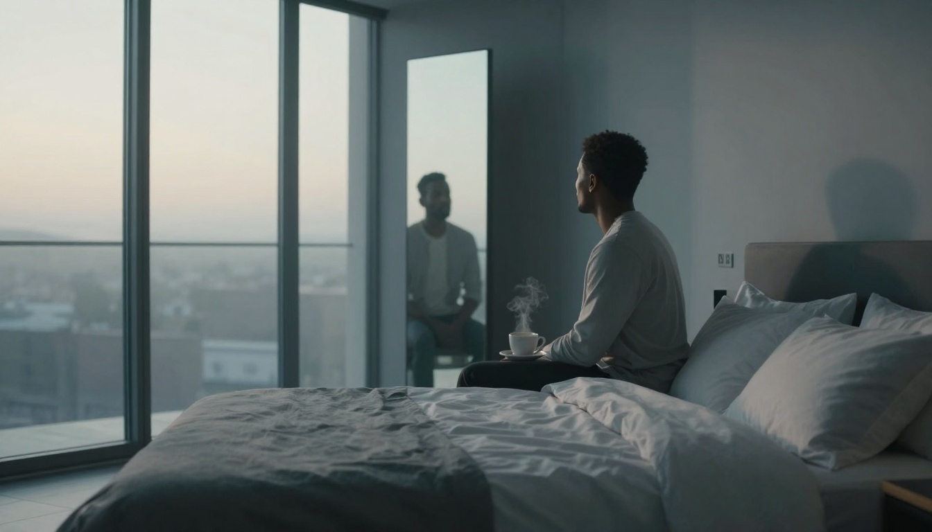 A person sits on a bed in a softly lit room, holding a steaming cup. A large window reveals a cityscape at dawn. A mirror reflects the scene.