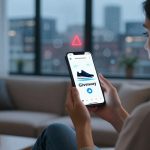 A woman sits in a living room holding a smartphone displaying a shoe giveaway. The room has a sofa, lamp, and a window with a city view.