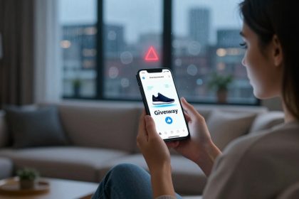 A woman sits in a living room holding a smartphone displaying a shoe giveaway. The room has a sofa, lamp, and a window with a city view.