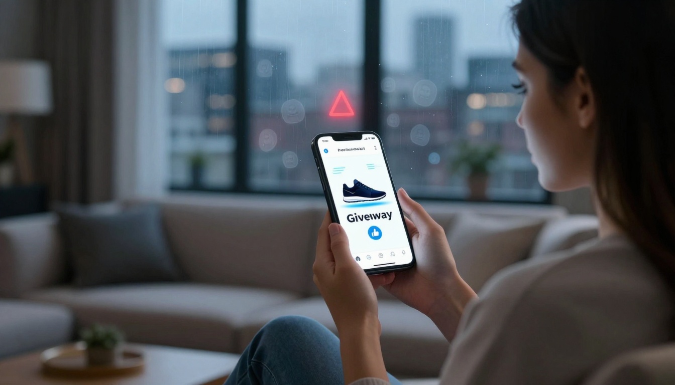 A woman sits in a living room holding a smartphone displaying a shoe giveaway. The room has a sofa, lamp, and a window with a city view.