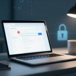 A laptop displaying a security-themed webpage is on a desk, accompanied by a smartphone, a white mug, and a lit desk lamp. A digital padlock icon is visible in the background.