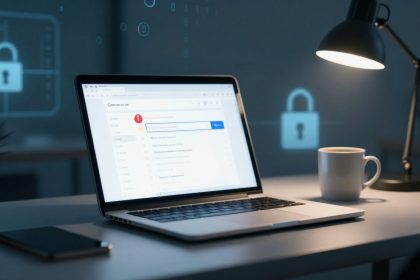 A laptop displaying a security-themed webpage is on a desk, accompanied by a smartphone, a white mug, and a lit desk lamp. A digital padlock icon is visible in the background.