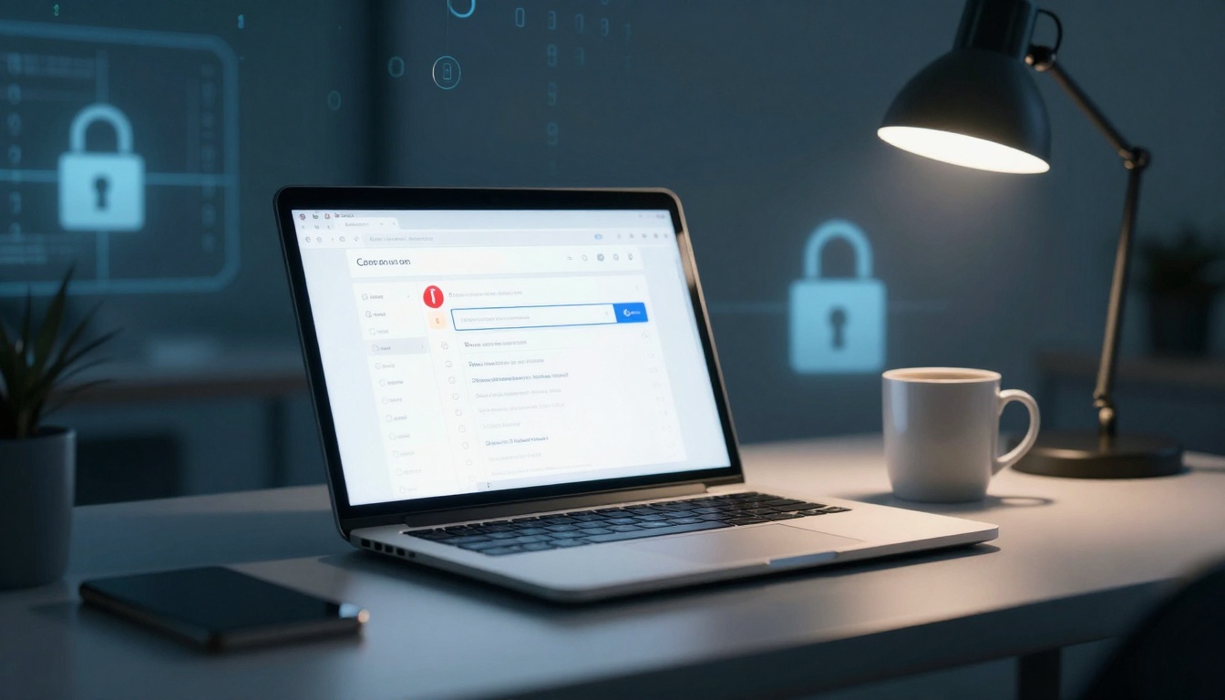 A laptop displaying a security-themed webpage is on a desk, accompanied by a smartphone, a white mug, and a lit desk lamp. A digital padlock icon is visible in the background.