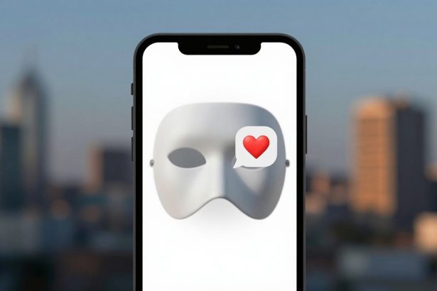 A smartphone displays a white theatrical mask with a red heart emoji in a speech bubble. Blurry buildings form the background.