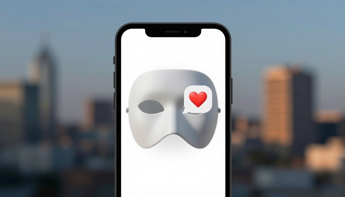 A smartphone displays a white theatrical mask with a red heart emoji in a speech bubble. Blurry buildings form the background.