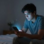 A person sits on a bed in a dimly lit room, looking intently at a glowing smartphone. They are wearing a blue T-shirt. The room has soft lighting and a blurred background.