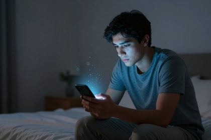 A person sits on a bed in a dimly lit room, looking intently at a glowing smartphone. They are wearing a blue T-shirt. The room has soft lighting and a blurred background.