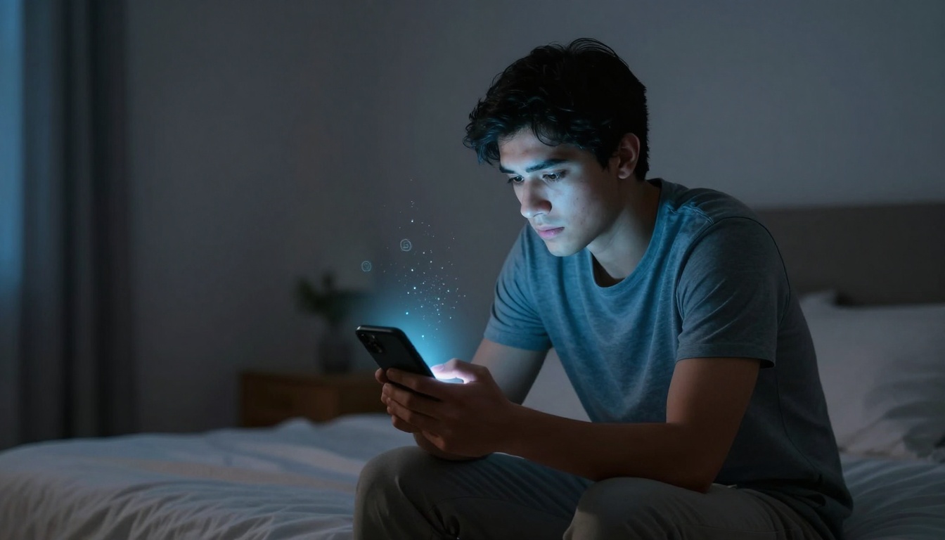 A person sits on a bed in a dimly lit room, looking intently at a glowing smartphone. They are wearing a blue T-shirt. The room has soft lighting and a blurred background.