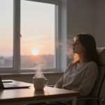 A woman sits in a chair with eyes closed, next to a laptop and steaming mug on a desk. A large window shows a sunset in the background.