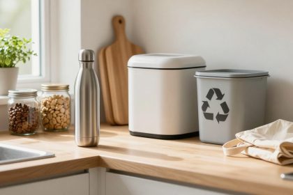 A kitchen counter with a stainless steel water bottle, two jars of beans, a potted plant, a wooden cutting board, a white compost bin, a gray recycling bin, and folded cloth bags.
