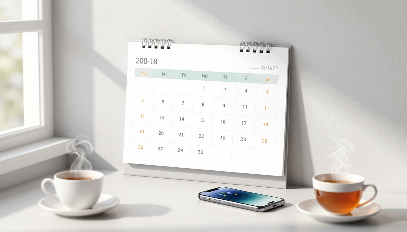 A calendar on a white desk displays a month, labeled "200-18," with days in a grid format. Two steaming cups of tea and a smartphone are on the desk, near a window casting light.