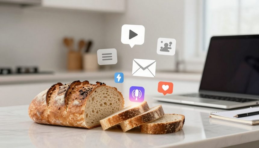 A sliced loaf of bread on a kitchen counter with floating digital icons, including play, email, heart, and chat symbols, beside a laptop.