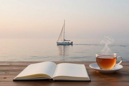 An open book and steaming cup of tea on a wooden table with a sailboat on calm water at sunset in the background.