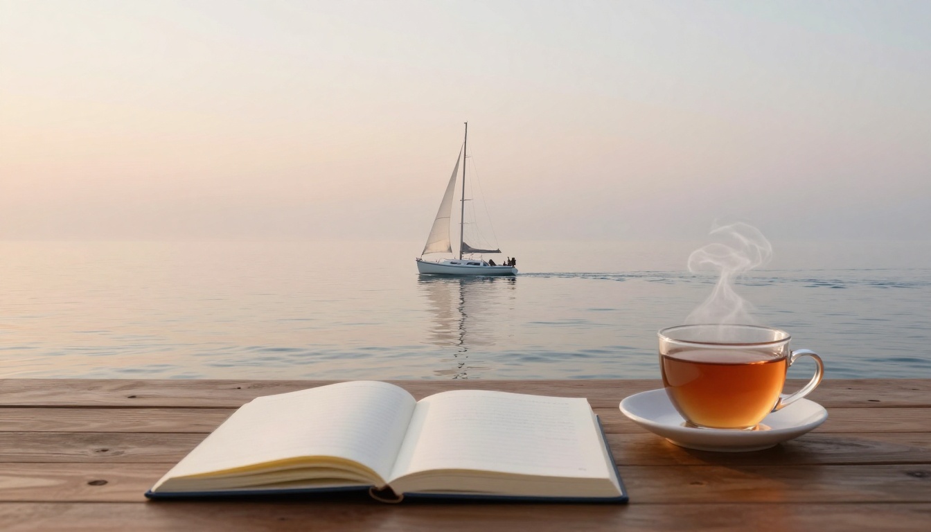 An open book and steaming cup of tea on a wooden table with a sailboat on calm water at sunset in the background.