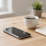 A smartphone, steaming cup of coffee, open notebook with a pen, potted plant, and calendar sit on a wooden desk near a window.