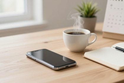 A smartphone, steaming cup of coffee, open notebook with a pen, potted plant, and calendar sit on a wooden desk near a window.