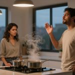 A man and woman in a kitchen, with the man gesturing near a steaming pot on a stove. The woman looks concerned.