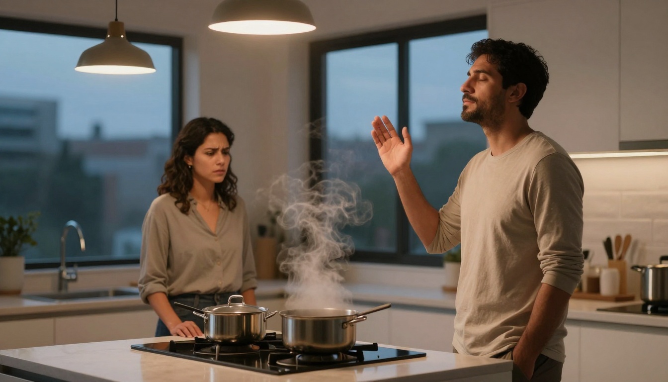 A man and woman in a kitchen, with the man gesturing near a steaming pot on a stove. The woman looks concerned.